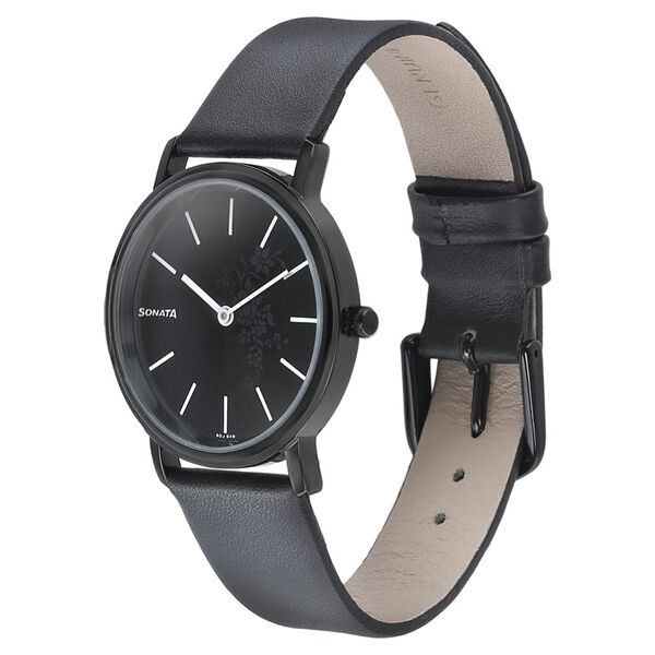 Sonata Silver Lining Black Dial Women Watch With Leather Strap - image number 1