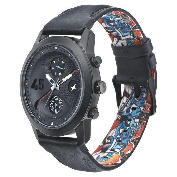 Fastrack Go Skate Quartz Multifunction Black Dial Leather Strap Watch for Guys - image number 2