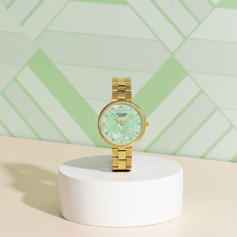 Sonata Poze Quartz Analog Green Dial Golden Colour Stainless Steel Strap Watch For Women
