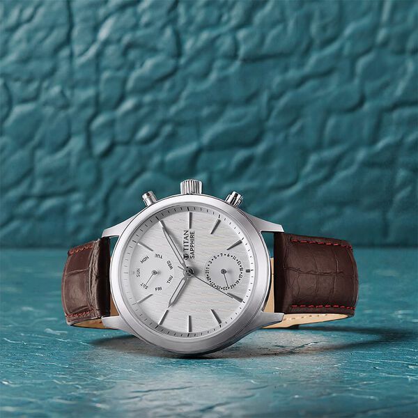 Titan Sapphire Multifunction Quartz Analog with Day and Date White Dial Leather Strap Watch for Men - image number 0