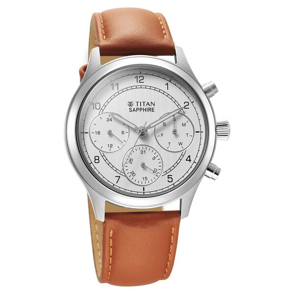 Titan Sapphire Quartz Multifunction White Dial Leather Strap Watch for Men - image number 1