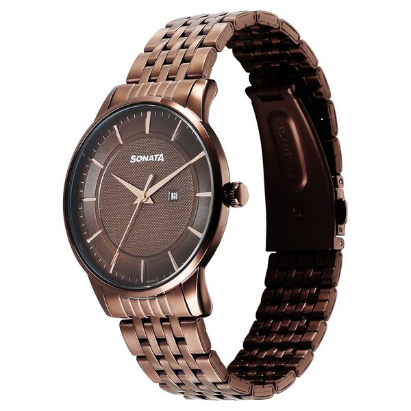 Sonata Wedding Quartz Analog Brown Dial Stainless Steel Strap Watch For Men - image number 2