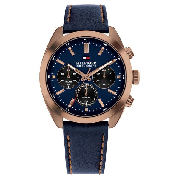 Tommy Hilfiger Quartz Chronograph Blue Dial Blue Leather Strap Watch For Men - image number 0