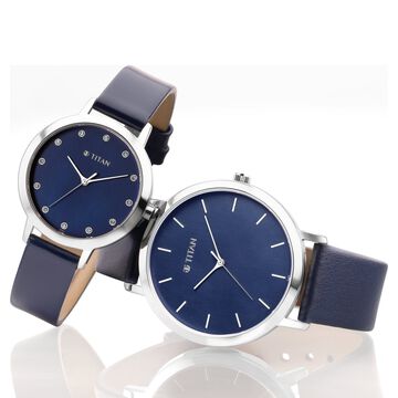 Titan Memento Blue Dial Analog Leather Strap watch for Couple