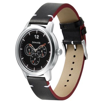 Sonata Quartz Analog Black Dial Leather Strap Watch for Men