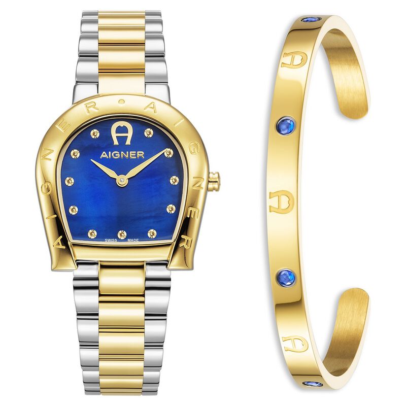 Aigner Ravenna DUE Set Quartz Analog Blue Mother Of Pearl Dial Two Toned Stainless Steel Strap Watch For Women