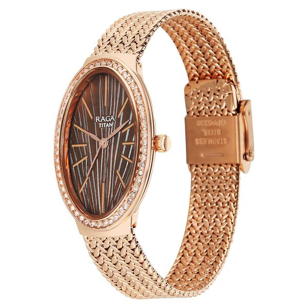 Titan Raga Glimmers Quartz Analog Brown Mother Of Pearl Dial Rose Gold Metal Strap Watch For Women - image number 2