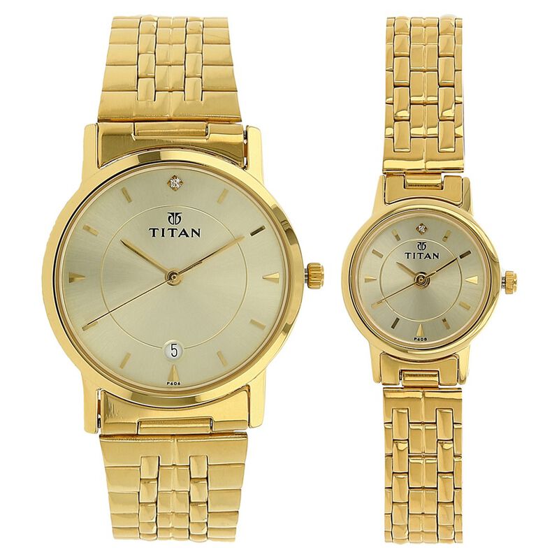 Buy Online Titan Quartz Analog Golden Dial Stainless Steel Strap Watch