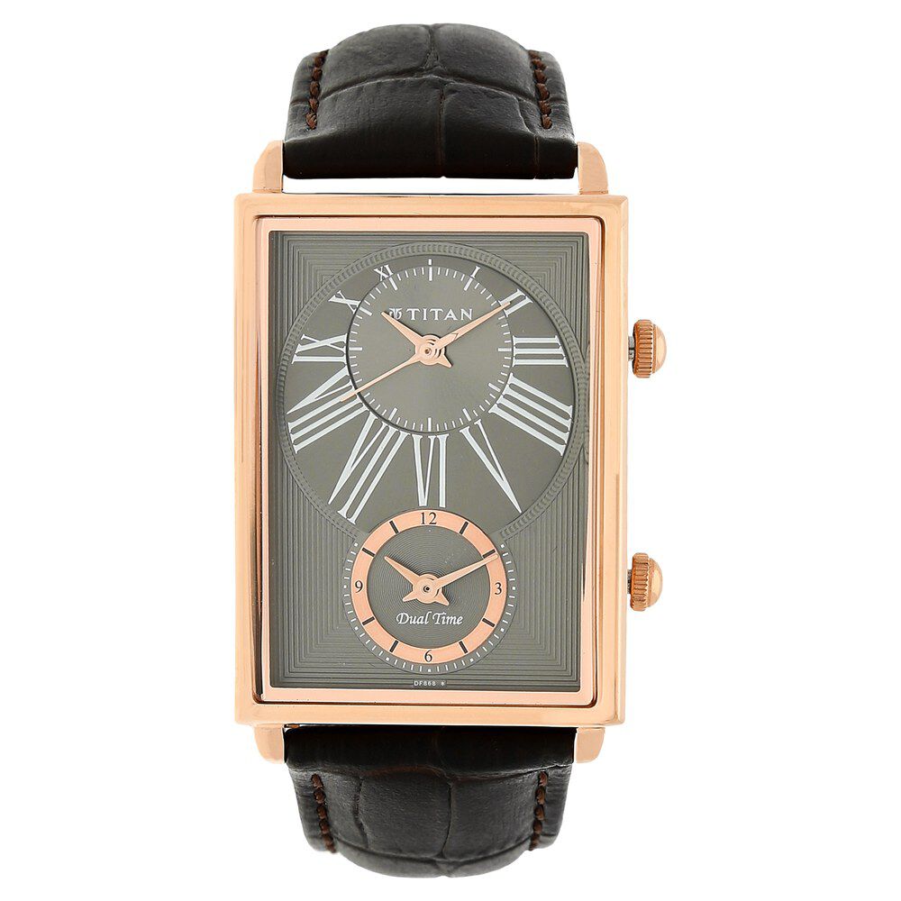 Buy Online Titan Globe Trotter Anthracite Dual Time Leather Strap watch for Men nk1708wl01 Titan