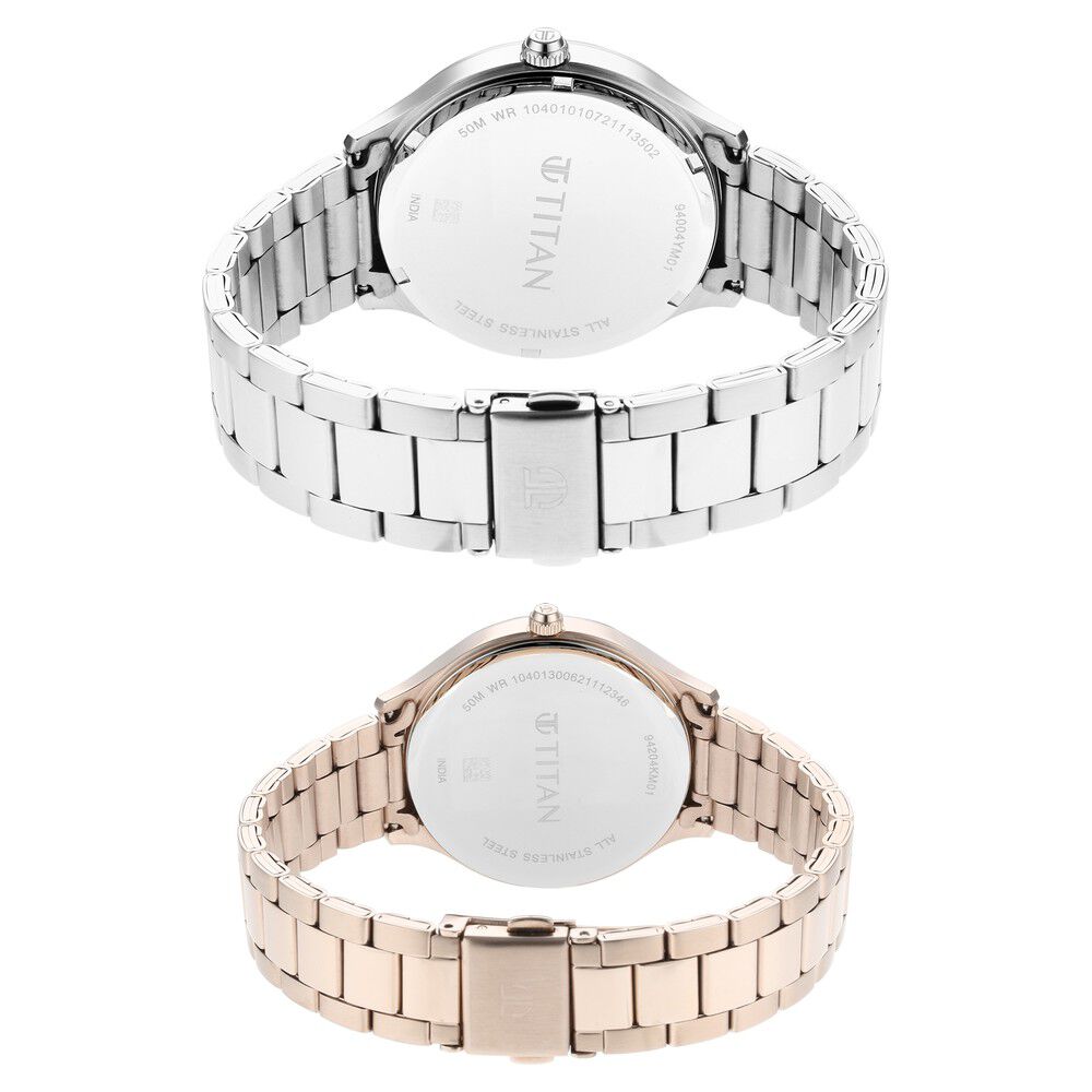 Titan Quartz Analog Blue and Champagne Dial Stainless Steel Strap Watch for Couple
