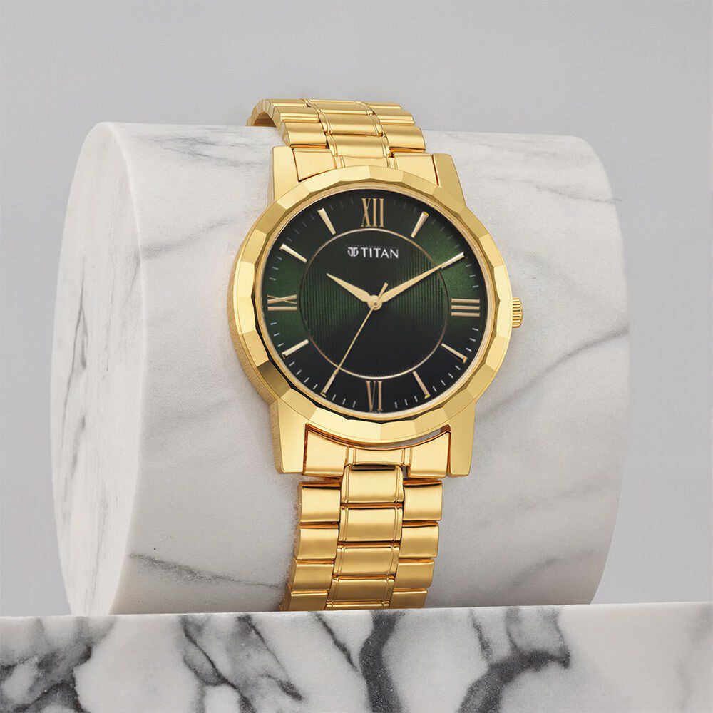 Titan Karishma Zing Quartz Analog Green Dial Golden Stainless Steel Strap Watch For Men