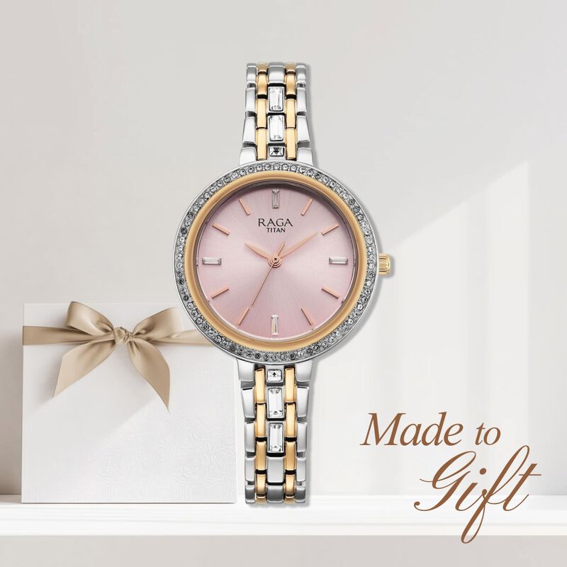 Titan Raga Spotlight Quartz Analog Pink Dial Two Toned Metal Strap Watch For Women