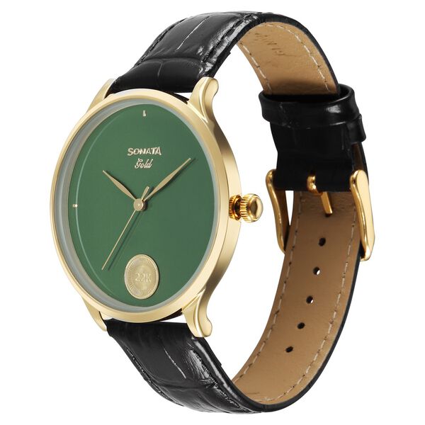 Sonata Sonata Gold Quartz Analog Sacred Forest Green With Gold Coin Dial Black Leather Strap Watch For Men - image number 2