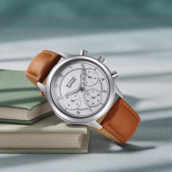Titan Sapphire Quartz Multifunction White Dial Leather Strap Watch for Men - image number 0