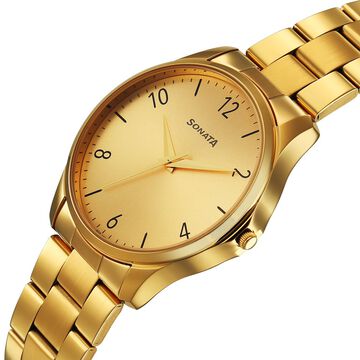Sonata Traditional Essentials Quartz Analog Champagne Dial Golden Metal Strap Watch For Men