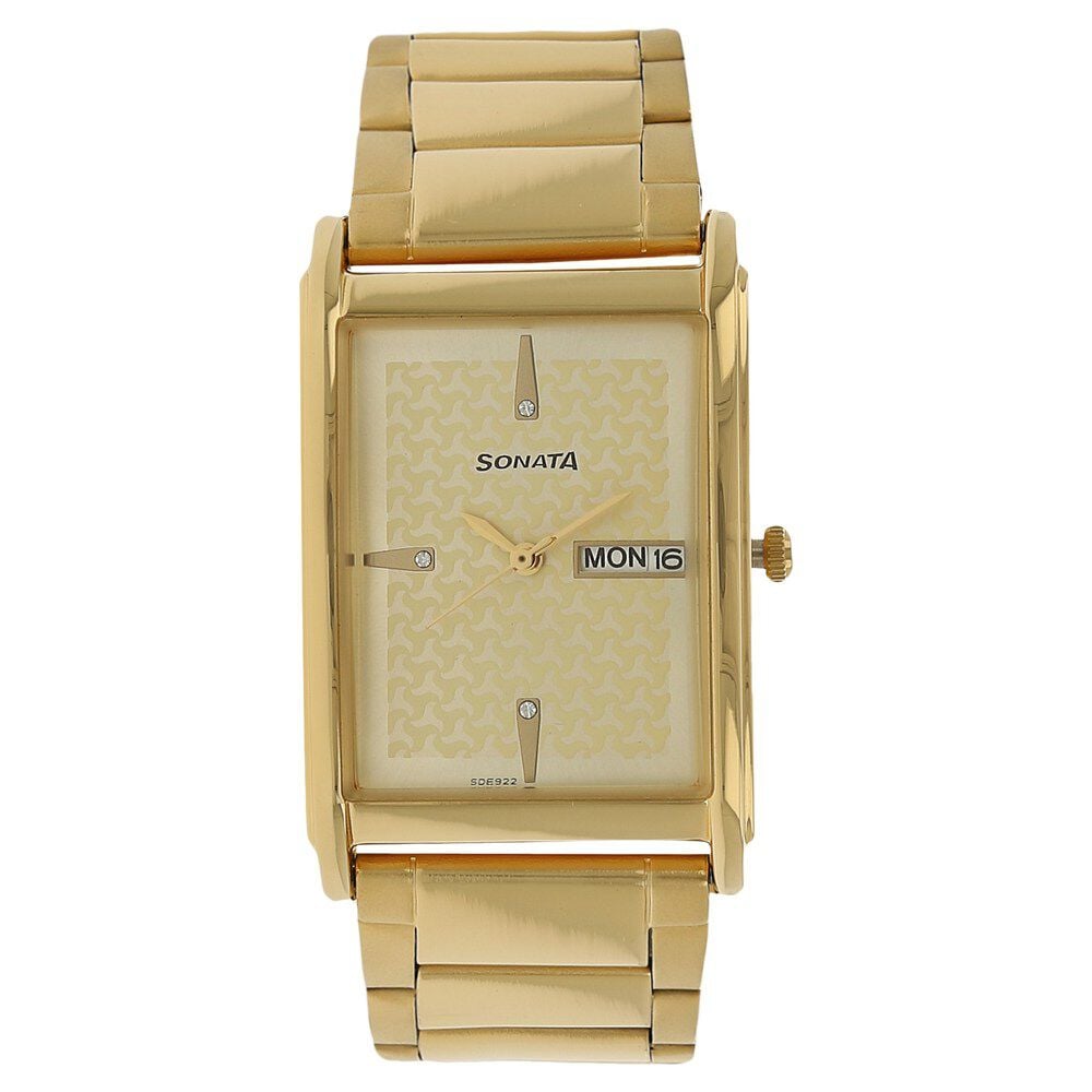 Sonata Quartz Analog with Day and Date Champagne Dial Stainless Steel Strap Watch for Men-picture-15