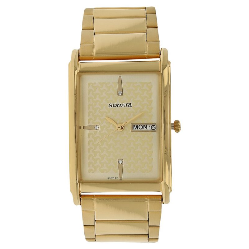 Sonata Quartz Analog with Day and Date Champagne Dial Stainless Steel Strap Watch for Men