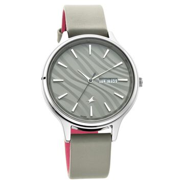Fastrack Ruffles Quartz Analog with Day and Date Grey Dial Leather Strap Watch for Girls