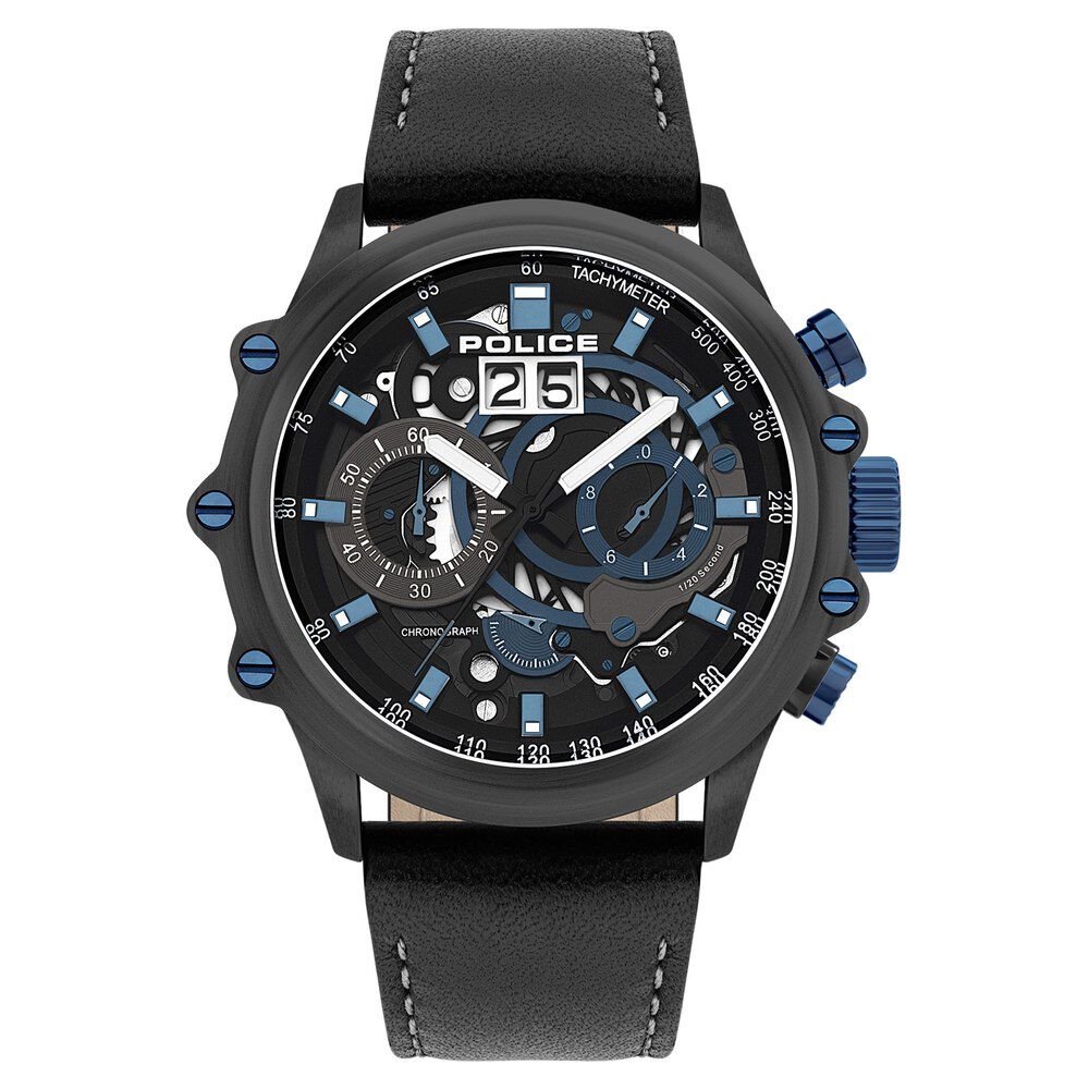 Police Quartz Chronograph Black Dial Leather Strap Watch for Men