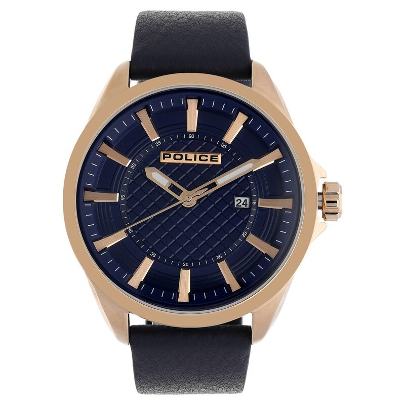 Police Quartz Analog with Date Blue Dial Leather Strap Watch for Men