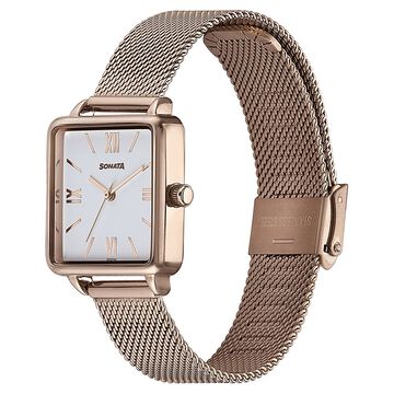 Sonata Quartz Analog White Dial Rose Gold Stainless Steel Strap Watch For Women