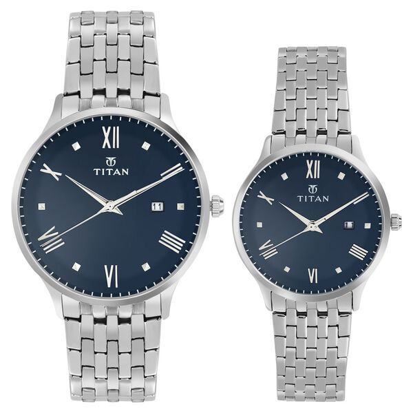 Titan Bandhan Blue Dial Analog with Date Stainless Steel Strap watch for Couple - image number 0
