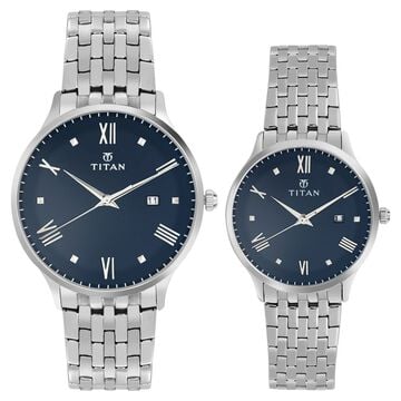 Titan Bandhan Blue Dial Analog with Date Stainless Steel Strap watch for Couple