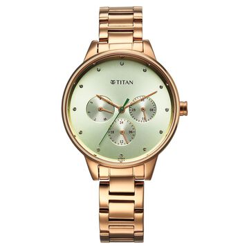 Titan Purple Razzle Dazzle Quartz Analog with Day and Date Green Dial Rose Gold Stainless Steel Strap Watch For Women