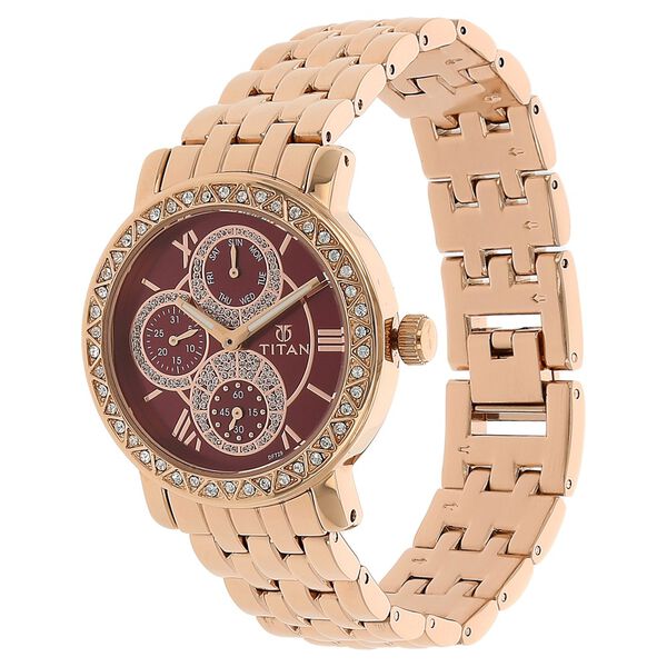 Titan Quartz Multifunction Red Dial Metal Strap Watch for Women - image number 1
