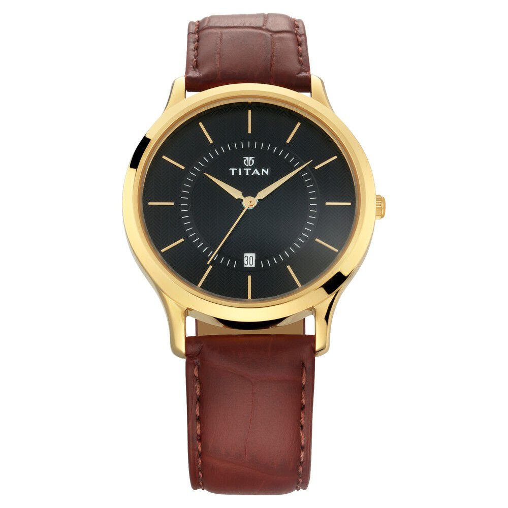 Buy Online Titan Quartz Analog with Date Black Dial Leather Strap