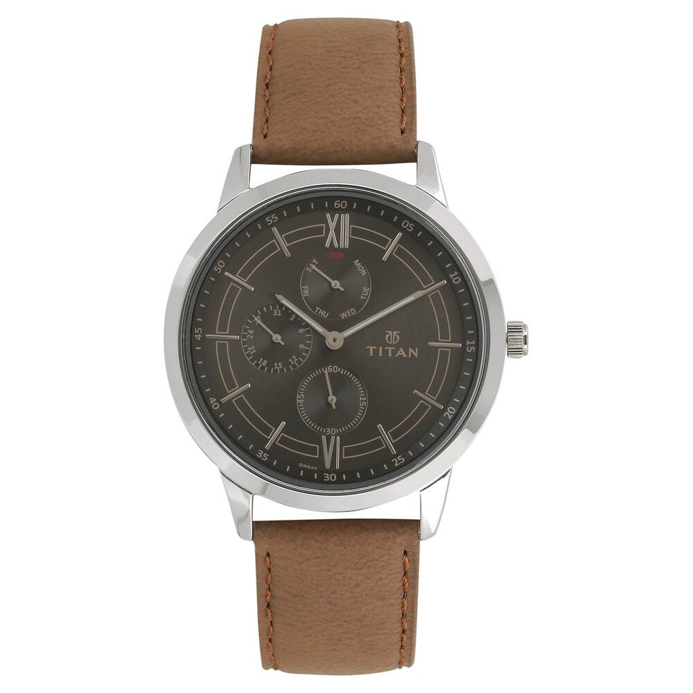 Titan On Trend Anthracite Dial Quartz Multifunction Leather Strap watch for Men