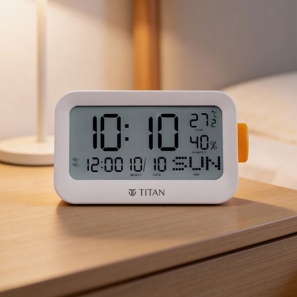 Titan Alarm Clock - Digital Lcd Screen Display With Day Date Month Temperature Humidity, Rotating Knob Setting - image number 0