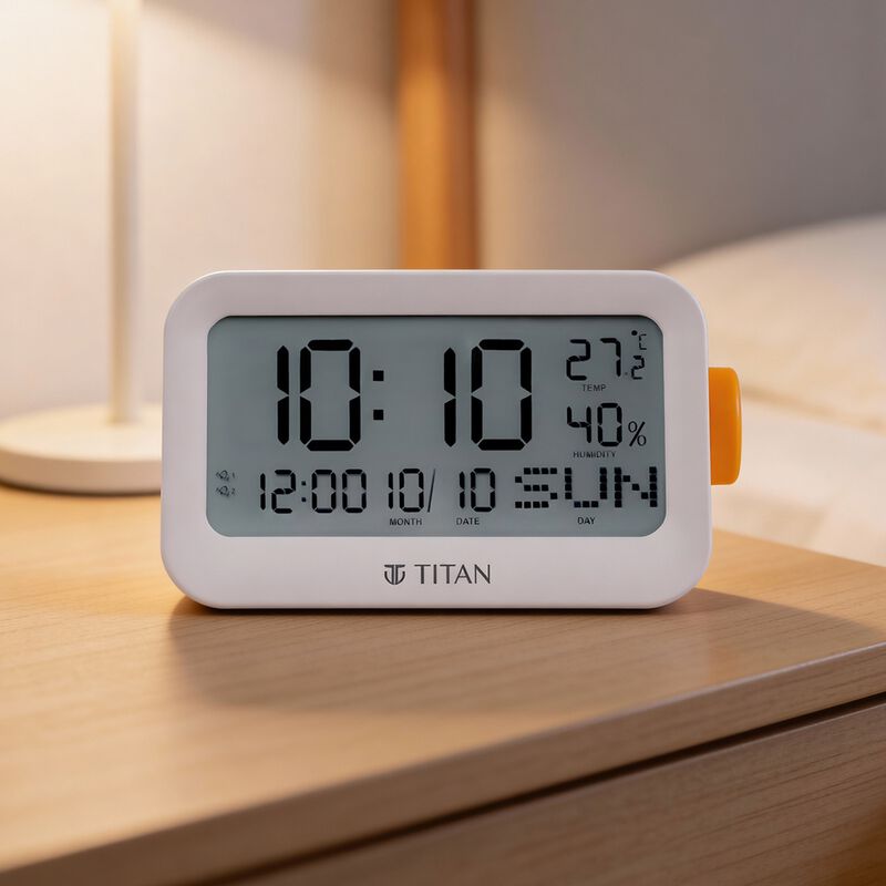 Titan Alarm Clock - Digital Lcd Screen Display With Day Date Month Temperature Humidity, Rotating Knob Setting