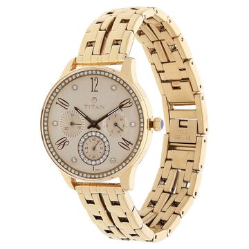 Titan Purple Rose Gold Dial Quartz Multifunction Stainless Steel Strap Watch for Women