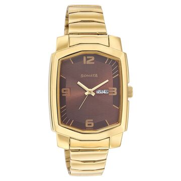 Sonata Quartz Analog with Day and Date Brown Dial Stainless Steel Strap Watch for Men
