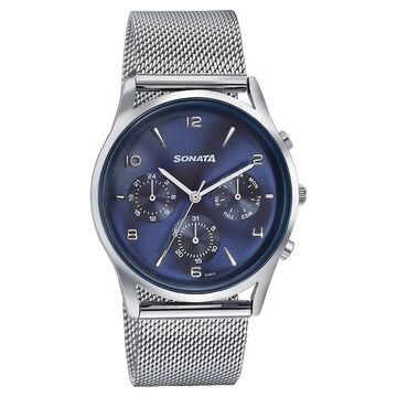 Sonata Wedding Edit Quartz Multifunction Blue Dial Stainless Steel Strap Watch For Men