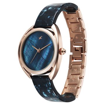 Fastrack Younique Quartz Analog Blue Mother Of Pearl Dial Two Toned Acetate & Metal Strap Watch For Girls