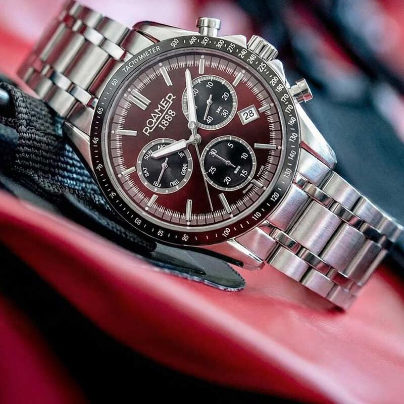 Roamer Mercury Chrono Quartz Chronograph With Date Red Dial Silver Stainless Steel Strap Watch For Men