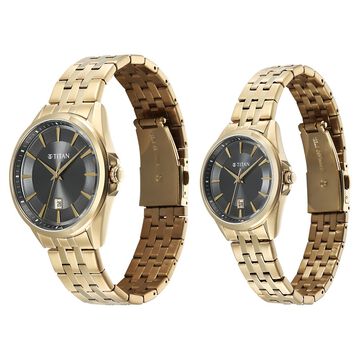 Titan Modern Bandhan Pair Analog with Black Dial Yellow Gold Stainless Steel Strap Watch for Couples
