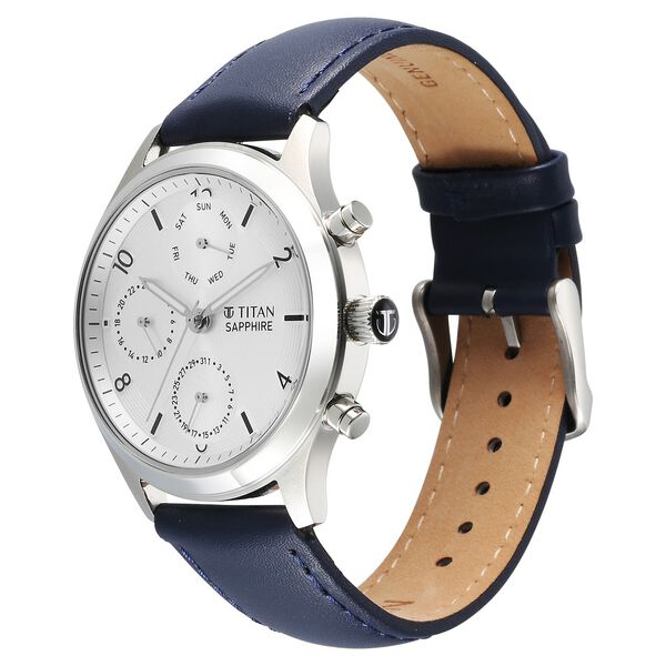 Titan Sapphire Quartz Multifunction Silver Dial Leather Strap Watch for Men - image number 2