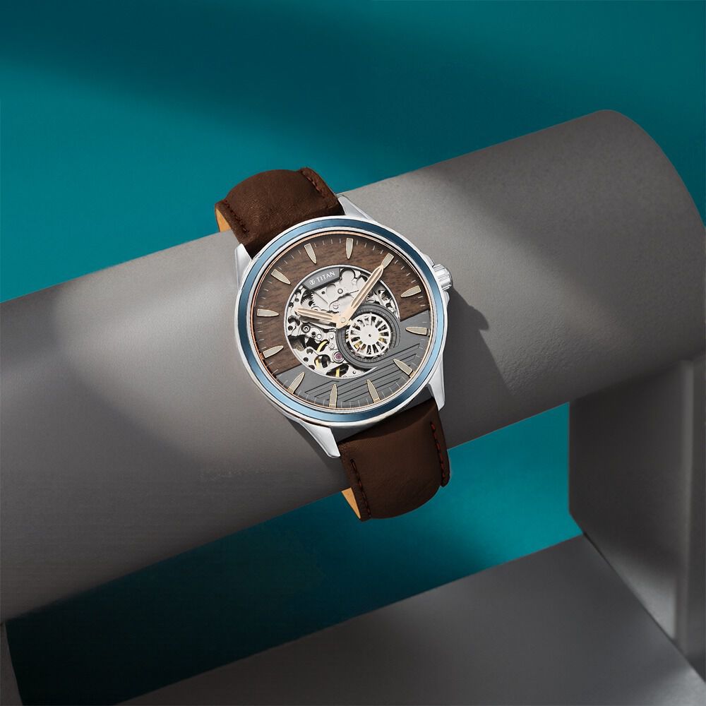 バンデットリング Buy Online Titan Automatic Anthracite Dial Leather Strap Watch for