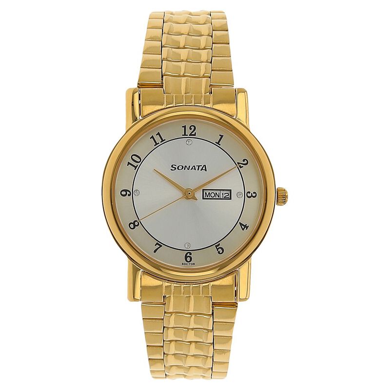 Sonata Quartz Analog with Day and Date Silver Dial Stainless Steel Strap Watch for Men