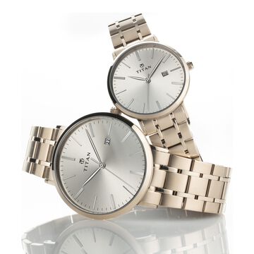 Titan Quartz Analog with Date Rose Gold Dial Stainless Steel Strap Watch for Couple