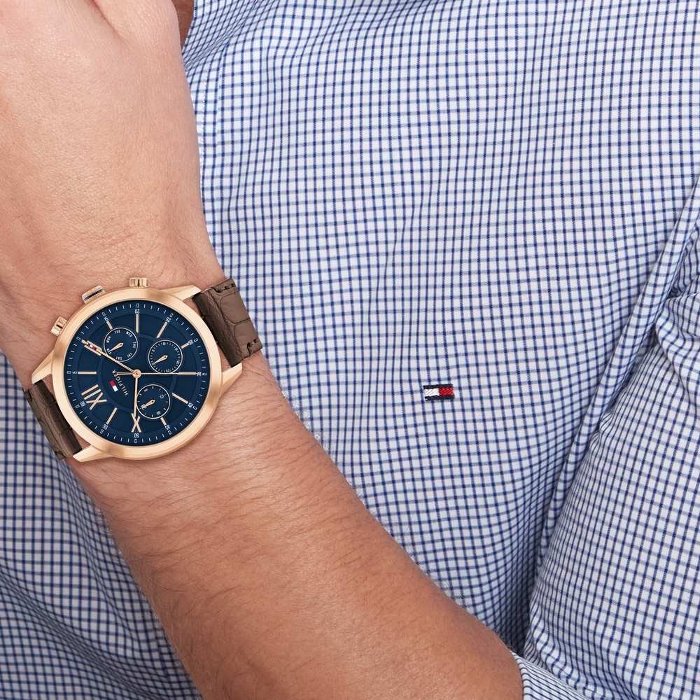 Tommy hilfiger men's blue dial brown leather strap watch deals