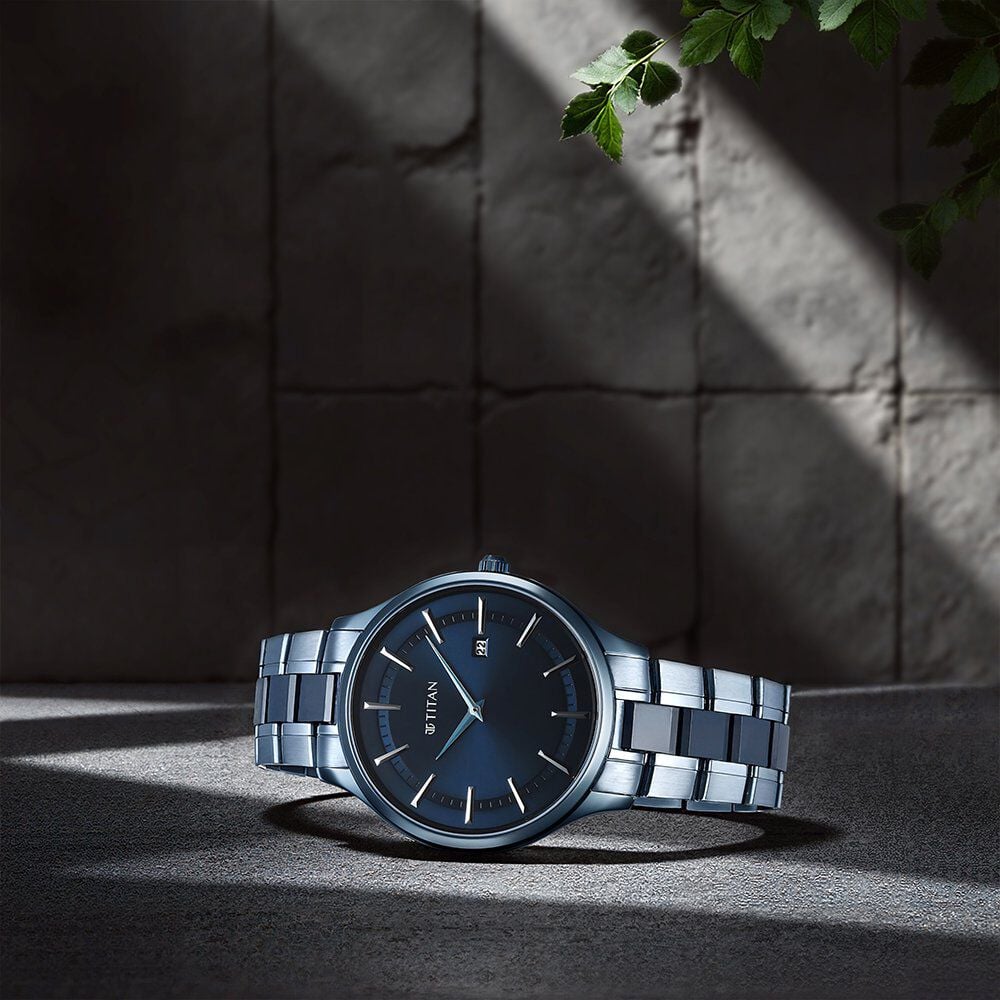 Titan Slim Ceramic Fusion Quartz Analog with Date Blue Dial Stainless Steel Strap Watch For Men image