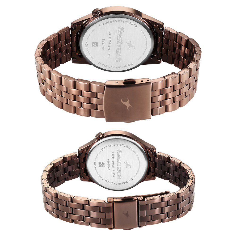 Buy Online Fastrack Mixmatched Quartz Analog Brown Dial With Brown Metal Strap Watch For Couple 33056296qm02p Titan