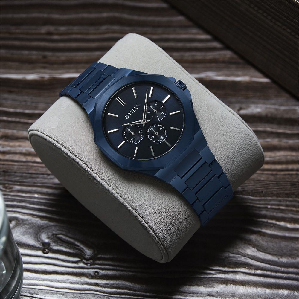 Titan Classic Slim Multifunction Quartz Multifunction Blue Dial Stainless Steel Strap Watch For Men-image-11