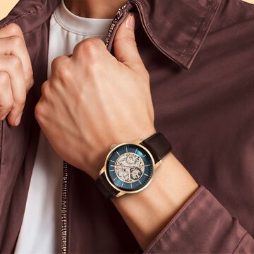 Titan Skeletal Automatic Blue Dial Brown Leather Strap Watch for Men