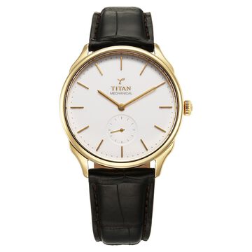 Titan 40 years Slim Mechanical White Dial 18 KT Gold Case With Leather Strap Watch For Women