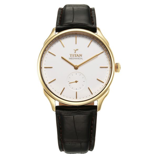 Titan 40 years Slim Mechanical White Dial 18 KT Gold Case With Leather Strap Watch For Women - image number 0
